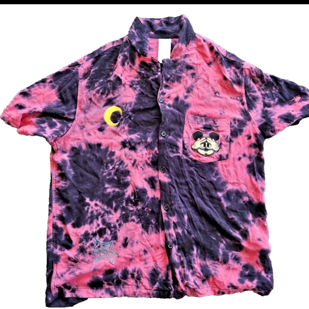 Disney Parks Embroidered Halloween Mickey Tie Dye Button Up T-Shirt Size L